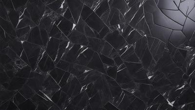 The primary subject of the image is a black marble tile with a pattern of white diamonds. The setting is a black background, which contrasts with the marble tile. The visual style is a close-up of the marble tile, showcasing its intricate pattern. The colors and mood of the image are predominantly black and white, giving it a classic and elegant appearance.
