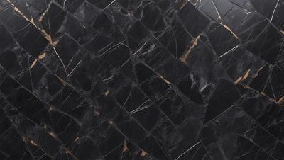 The primary subject of the image is a black marble tile with a pattern of diamond shapes. The setting is a black background, and the visual style is a close-up of the tile. The dominant colors are black and gold, creating a sophisticated and elegant atmosphere.