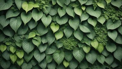The primary subject of the image is a large green plant with heart-shaped leaves. The plant is growing on a wall, creating a unique and eye-catching display. The setting is an outdoor environment, with the plant being the main focus of the scene. The visual style of the image is a close-up of the plant, showcasing its intricate details. The dominant colors in the image are green, which is the color of the plant, and white, which is the color of the heart-shaped leaves.