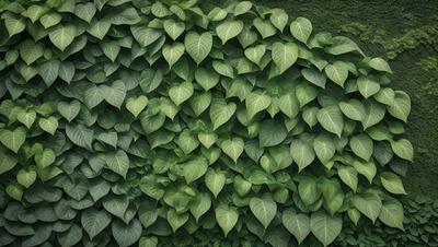 The primary subject of the image is a large green plant with many leaves. The plant is growing on a wall, creating a lush and vibrant scene. The setting is an outdoor environment, with the plant taking up a significant portion of the image. The visual style is a close-up of the plant, showcasing its intricate details and textures. The dominant colors are green, which is the color of the plant, and the overall atmosphere is lively and thriving.