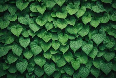 The primary subject of the image is a large green plant with heart-shaped leaves. The plant is growing on a wall, creating a lush and vibrant backdrop. The visual style of the image is a close-up of the plant, showcasing its intricate details. The dominant colors in the image are green, which is the color of the plant, and white, which is the color of the hearts formed by the leaves. The overall atmosphere of the image is one of growth, vitality, and natural beauty.