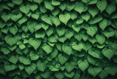 The primary subject of the image is a large green plant with many leaves. The plant is growing on a wall, creating a dense and lush greenery. The setting is an outdoor environment, with the plant taking up a significant portion of the wall. The visual style of the image is a close-up of the plant, showcasing its intricate details. The dominant colors in the image are green, which is the color of the plant, and white, which is the color of the wall. The overall atmosphere of the image is