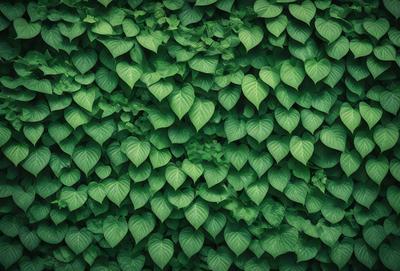 The primary subject of the image is a large green plant with many leaves. The plant is growing on a wall, creating a lush and vibrant scene. The setting is an outdoor environment, with the plant taking up a significant portion of the image. The visual style is a close-up of the plant, showcasing its intricate details. The dominant colors are green, which is the color of the plant, and the overall atmosphere is lively and natural.