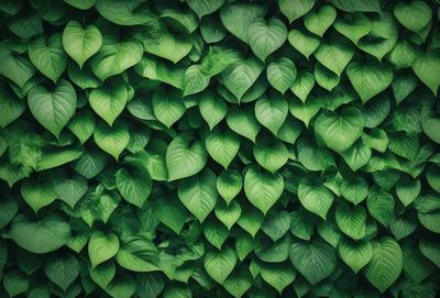 The primary subject of the image is a large green plant with many leaves. The plant is growing on a wall, creating a lush and vibrant scene. The setting is indoors, with the plant covering a significant portion of the wall. The visual style of the image is a close-up of the plant, showcasing its intricate details. The dominant colors in the image are green, which is the color of the plant, and white, which is the color of the wall. The overall atmosphere of the image is fresh