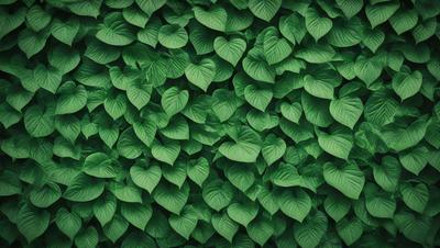 The primary subject of the image is a large green plant with heart-shaped leaves. The plant is growing on a green background, creating a lush and vibrant scene. The visual style of the image is a close-up of the plant, showcasing its intricate details. The dominant colors in the image are green, which creates a sense of freshness and vitality. The overall atmosphere of the image is one of natural beauty and serenity.