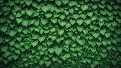 The primary subject of the image is a large green plant with many leaves. The plant is growing on a wall, creating a lush and vibrant scene. The setting is indoors, with the plant covering the entire wall, giving the impression of a dense forest. The visual style is a close-up of the plant, showcasing its intricate details. The colors are predominantly green, with some variations in shades, and the overall atmosphere is one of growth, vitality, and natural beauty.