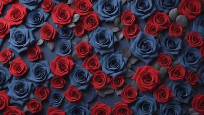 The primary subject of the image is a large number of red and blue roses arranged in a pattern. The setting is a blue background, which creates a visually appealing contrast with the vibrant colors of the roses. The visual style is a combination of photo and digital art, as the roses are depicted in a detailed and realistic manner. The dominant colors are red and blue, creating a warm and inviting atmosphere.