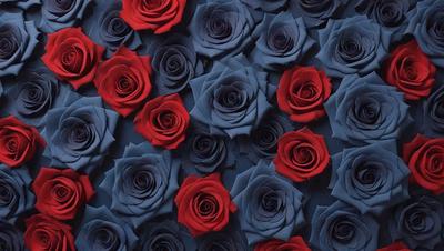The primary subject of the image is a close-up of a large group of red and blue roses. The setting is a blue background, which creates a striking contrast with the vibrant colors of the roses. The visual style is a close-up, which emphasizes the details of the flowers. The dominant colors are red and blue, giving the image a bold and lively atmosphere.