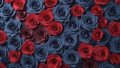 The primary subject of the image is a large group of red and blue roses. The setting is a blue background, which creates a striking contrast with the red and blue colors of the roses. The visual style is a close-up of the roses, showcasing their details and textures. The colors and mood of the image are vibrant and lively, with the red and blue roses standing out against the blue background.