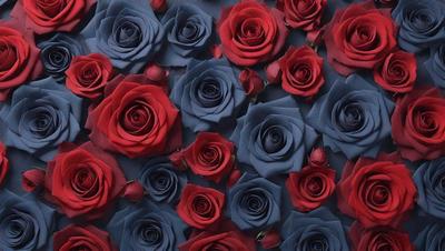 The primary subject of the image is a large group of red and blue roses. The setting is a blue background, which creates a striking contrast with the red and blue colors of the roses. The visual style is a close-up of the roses, showcasing their details and textures. The colors and mood of the image are vibrant and lively, with the red and blue roses standing out against the blue background.