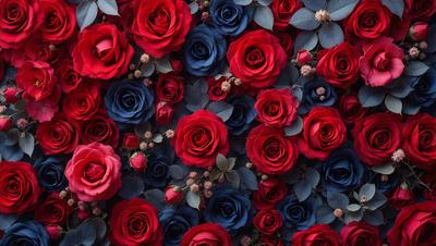 The primary subject of the image is a large group of red and blue roses. The setting is a blue background, which creates a striking contrast with the vibrant colors of the roses. The visual style is a close-up of the roses, showcasing their details and textures. The dominant colors are red and blue, giving the image a bold and lively atmosphere.