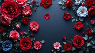 The primary subject of the image is a bouquet of red roses. The setting is a dark blue background, which creates a striking contrast with the red flowers. The visual style is a close-up of the flowers, showcasing their details and beauty. The colors and mood of the image are predominantly red, which evokes a sense of warmth, love, and passion.
