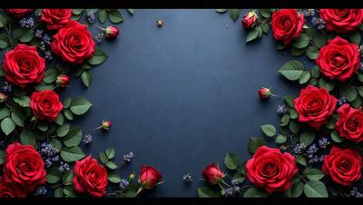 The primary subject of the image is a circle of red roses. The setting is a blue table, and the visual style appears to be a photo. The dominant colors are red and blue, creating a warm and inviting atmosphere.