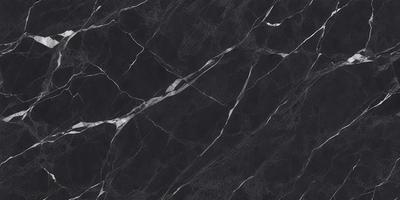 The primary subject of the image is a black marble countertop. The setting is a kitchen, with the countertop being the main focus of the scene. The visual style is a close-up of the marble countertop, showcasing its texture and pattern. The colors and mood of the image are predominantly dark, with the black marble countertop being the main source of contrast.