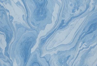 The primary subject of the image is a blue and white marbled tile. The setting is a bathroom, as indicated by the presence of the marbled tile. The visual style is a close-up of the tile, showcasing its intricate design. The dominant colors are blue and white, creating a calm and soothing atmosphere.