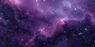 The primary subject of the image is a purple nebula with streaks of lightning, creating a striking visual effect. The setting is a dark, star-filled sky, with the purple nebula as the main focus. The visual style is a combination of a photo and digital art, creating a unique and captivating scene. The colors and mood of the image are predominantly purple and dark, with the lightning streaks adding a sense of energy and dynamism to the overall atmosphere.