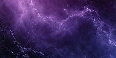 The primary subject of the image is a purple sky filled with lightning bolts. The setting is a night sky, and the visual style appears to be a digital art or illustration. The colors and mood of the image are predominantly purple and dark, creating a dramatic and intense atmosphere.