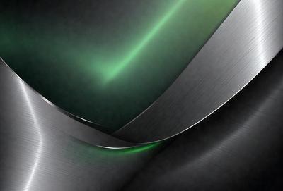 The primary subject of the image is a large, curved piece of metal with a green glow. The setting is a dark room, and the visual style appears to be a combination of a photo and digital art. The dominant colors are green and black, creating a moody atmosphere.