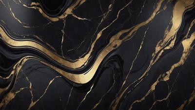 The primary subject of the image is a marble countertop with a gold and black pattern. The setting is a kitchen, and the visual style is a close-up of the countertop. The dominant colors are gold and black, creating a luxurious and elegant atmosphere.