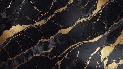 The primary subject of the image is a marble countertop with a gold-colored design. The setting is a kitchen, and the visual style is a close-up of the countertop. The colors and mood of the image are predominantly black and gold, giving it a luxurious and elegant appearance.