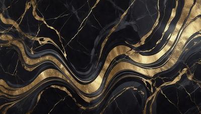 The primary subject of the image is a marble countertop with a gold and black pattern. The setting is a kitchen, and the visual style is a close-up of the countertop. The dominant colors are gold and black, creating a luxurious and elegant atmosphere.