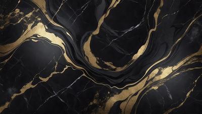 The primary subject of the image is a marble countertop with a gold and black pattern. The setting is a kitchen, and the visual style is a close-up of the countertop. The dominant colors are gold and black, creating a luxurious and elegant atmosphere.