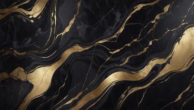 The primary subject of the image is a marble countertop with a gold and black pattern. The setting is a kitchen, and the visual style is a close-up of the countertop. The dominant colors are gold and black, creating a luxurious and elegant atmosphere.