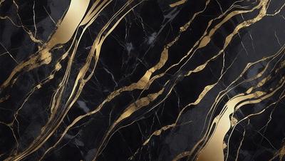 The primary subject of the image is a marble countertop with a gold and black pattern. The setting is a kitchen, and the visual style is a close-up of the countertop. The dominant colors are gold and black, creating a luxurious and elegant atmosphere.