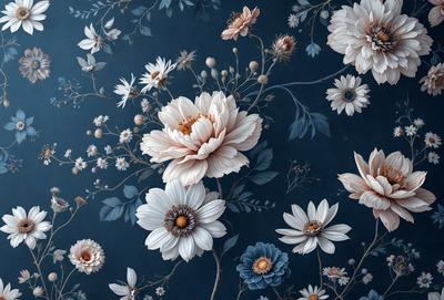 The primary subject of the image is a beautifully designed floral pattern, featuring a variety of white and blue flowers. The setting is a blue background, which complements the vibrant colors of the flowers. The visual style is a combination of digital art and illustration, creating a stunning and detailed floral pattern. The colors and mood of the image are predominantly white and blue, giving it a serene and calming atmosphere.