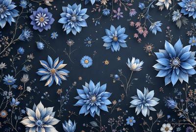 The primary subject of the image is a blue and white floral pattern. The setting is a dark blue background, which contrasts with the vibrant colors of the flowers. The visual style is a combination of digital art and illustration, creating a unique and eye-catching design. The dominant colors are blue and white, with the flowers adding a touch of vibrancy to the overall atmosphere.