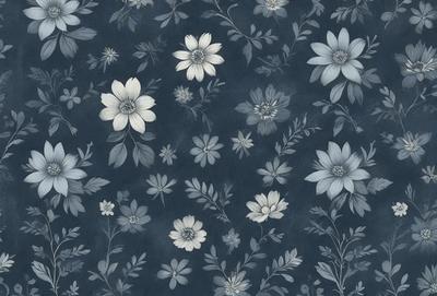 The primary subject of the image is a blue floral pattern, featuring white flowers. The setting is a blue background, which complements the floral pattern. The visual style is a combination of digital art and illustration, creating a unique and eye-catching design. The dominant colors are blue and white, with the white flowers adding a touch of brightness and freshness to the overall atmosphere.