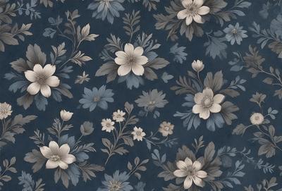 The primary subject of the image is a blue and white floral pattern. The setting is a blue background, and the visual style appears to be a combination of a photo and a digital art or illustration. The dominant colors are blue and white, creating a calm and serene atmosphere.