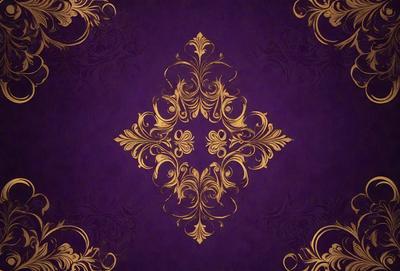 The primary subject of the image is a gold and purple patterned wallpaper. The setting is a wall, and the visual style is a combination of digital art and illustration. The dominant colors are gold and purple, creating a rich and luxurious atmosphere.