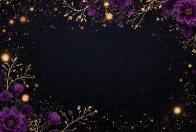 The primary subject of the image is a purple flower with gold accents. The setting is a dark background, which contrasts with the bright purple flower. The visual style is a digital art or illustration, creating a unique and eye-catching design. The colors and mood of the image are predominantly purple and gold, giving it a warm and elegant appearance.