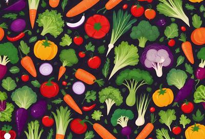 The primary subject of the image is a colorful and detailed illustration of various vegetables, including carrots, broccoli, onions, and tomatoes. The setting is a black background, which highlights the vibrant colors of the vegetables. The visual style is a combination of digital art and illustration, creating a lively and engaging scene. The colors and mood of the image are predominantly warm and inviting, with the bright colors of the vegetables evoking a sense of freshness and