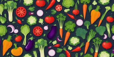 The primary subject of the image is a colorful and vibrant display of various vegetables, including carrots, broccoli, onions, and tomatoes. The setting is a black background, which contrasts with the bright colors of the vegetables. The visual style is a combination of digital art and illustration, creating a lively and engaging scene. The dominant colors are green, red, and orange, which contribute to a fresh and healthy atmosphere.