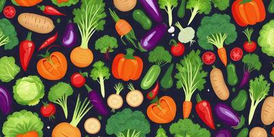 The primary subject of the image is a colorful and diverse assortment of vegetables, including carrots, broccoli, squash, and peppers. These vegetables are arranged in a visually appealing manner, creating a vibrant and lively scene. The setting is a black background, which contrasts with the bright colors of the vegetables, making them stand out even more. The visual style of the image is a combination of digital art and illustration, with the artist skillfully combining different elements to create