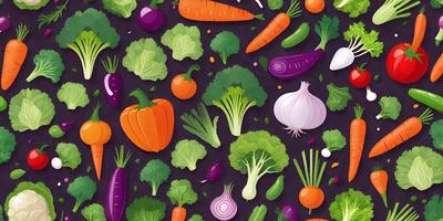 The primary subject of the image is a colorful and diverse collection of vegetables, including carrots, broccoli, onions, and purple cabbage. These vegetables are arranged in a visually appealing manner, creating a vibrant and healthy scene. The setting is a black background, which contrasts with the bright colors of the vegetables, making them stand out even more. The visual style is a combination of digital art and illustration, resulting in a detailed and realistic representation of the vegetables.