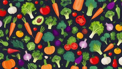 The primary subject of the image is a colorful and vibrant arrangement of various vegetables, including carrots, broccoli, tomatoes, and onions. The setting is a black background, which contrasts with the bright colors of the vegetables. The visual style is a combination of digital art and illustration, creating a lively and engaging scene. The colors and mood of the image are predominantly warm and inviting, with the vegetables being the main focus and source of visual interest.