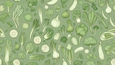 The image features a green background with a variety of vegetables, including broccoli, cauliflower, and carrots. The vegetables are arranged in a pattern, creating a visually appealing and healthy scene. The primary subject is the assortment of vegetables, and the visual style is a combination of digital art and illustration. The colors and mood of the image are predominantly green, which adds to the fresh and natural atmosphere of the scene.