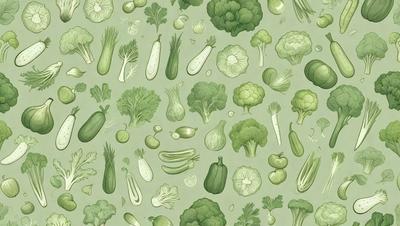The primary subject of the image is a collection of various vegetables, including broccoli, cucumbers, and carrots. These vegetables are displayed in a pattern, possibly on a green background. The visual style of the image is a combination of photo and digital art, creating a vibrant and colorful scene. The colors and mood of the image are lively and fresh, with the green vegetables being the dominant colors.