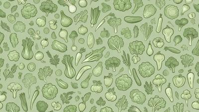The image features a green background with a variety of vegetables, including broccoli, cucumbers, and carrots. The vegetables are arranged in a pattern, creating a visually appealing and colorful scene. The primary subject is the assortment of vegetables, which are the main focus of the image. The visual style is a combination of digital art and illustration, giving the scene a vibrant and fresh appearance. The colors and mood of the image are predominantly green, which adds to