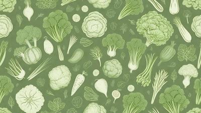The image features a green background with a variety of vegetables, including broccoli, carrots, and celery. The vegetables are arranged in a pattern, with some placed in the foreground and others in the background. The overall atmosphere is fresh and healthy, as the vegetables are the primary subject of the image. The visual style appears to be a combination of digital art and illustration, creating a vibrant and colorful scene.