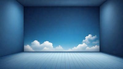 The primary subject of the image is a large, empty room with a blue wall. The setting is a dark room with a blue wall, and the visual style is a digital art or illustration. The colors and mood of the image are predominantly blue, creating a calm and serene atmosphere.