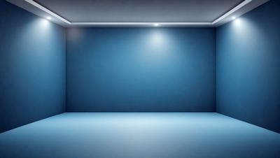 The primary subject of the image is a large, empty room with a blue wall. The setting is a room with a blue wall, and the visual style is a photo. The colors and mood of the image are predominantly blue, creating a calm and serene atmosphere.
