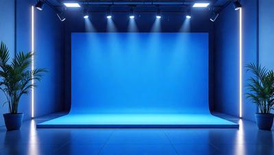 The primary subject of the image is a large blue screen, which is the main object in the scene. The setting is a dark room with a stage, and the visual style is a photo. The dominant colors in the image are blue and black, creating a moody atmosphere.