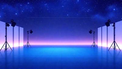 The primary subject of the image is a pair of lights, which are placed on stands in a dark room. The setting is a black background, creating a dramatic contrast with the lights. The visual style is a digital art, as the lights are depicted as digital images. The colors and mood of the image are predominantly dark, with the lights being the main source of illumination.