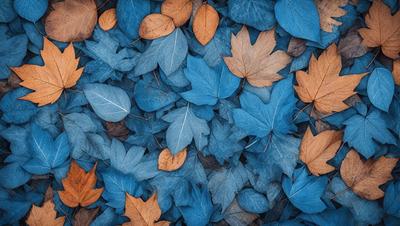The primary subject of the image is a pile of leaves, predominantly blue and orange, scattered on the ground. The setting is an outdoor environment, possibly a forest or a park. The visual style is a close-up of the leaves, showcasing their vibrant colors and textures. The colors and mood of the image are lively and inviting, with the blue and orange leaves creating a sense of warmth and natural beauty.