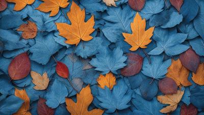 The primary subject of the image is a large number of leaves scattered across a blue surface. The leaves are predominantly orange and yellow, creating a vibrant and warm atmosphere. The setting appears to be a natural environment, possibly a forest or a garden. The visual style of the image is a close-up of the leaves, showcasing their intricate details and textures. The overall mood of the image is lively and inviting, with the leaves providing a sense of warmth and natural beauty.