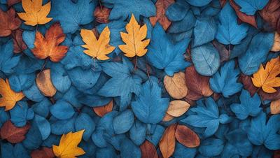 The primary subject of the image is a pile of leaves, which are scattered across a blue surface. The leaves are predominantly yellow and orange, creating a vibrant and warm atmosphere. The setting appears to be a natural environment, possibly a forest or a park. The visual style of the image is a close-up of the leaves, emphasizing their texture and details. The colors and mood of the image are lively and inviting, with the blue surface providing a contrasting backdrop to the vibrant yellow and